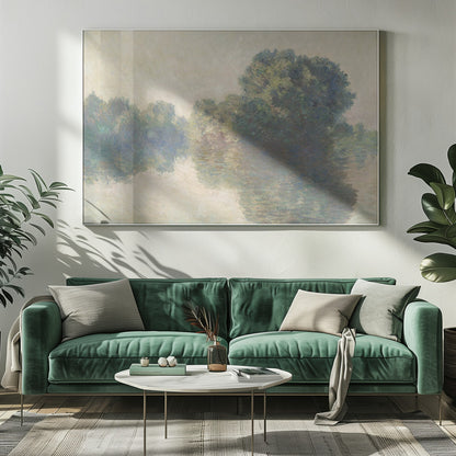 An impressionist painting of lush green trees on a riverbank, their forms blurred and reflected in the calm, hazy water below. The scene is rendered in soft, muted tones, creating a serene and atmospheric quality, and is presented in a simple silver frame. Artwork