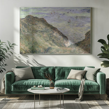 An impressionistic painting of a coastal scene, viewed from a high, grassy cliff looking down at the sea. The water is a mix of green, blue, and purple hues with several small sailboats scattered across its surface. The artwork is framed in a simple silver frame. Poster