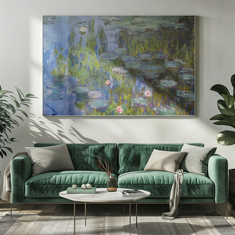 An Impressionist painting of a water lily pond, with vibrant blue water reflecting lush green foliage. Numerous green lily pads float on the surface, and several white and pink water lilies are in bloom. The artwork, which has visible brushstrokes, is presented in a simple silver frame. Print