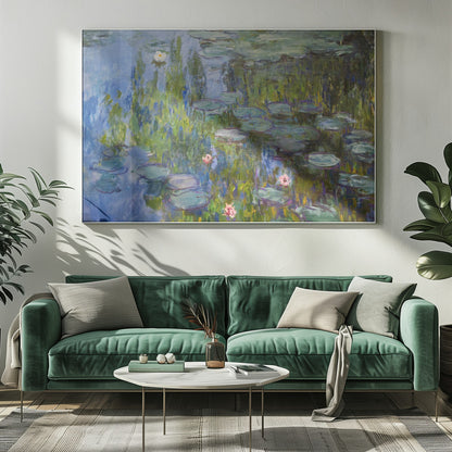 An Impressionist painting of a water lily pond, with vibrant blue water reflecting lush green foliage. Numerous green lily pads float on the surface, and several white and pink water lilies are in bloom. The artwork, which has visible brushstrokes, is presented in a simple silver frame. Print