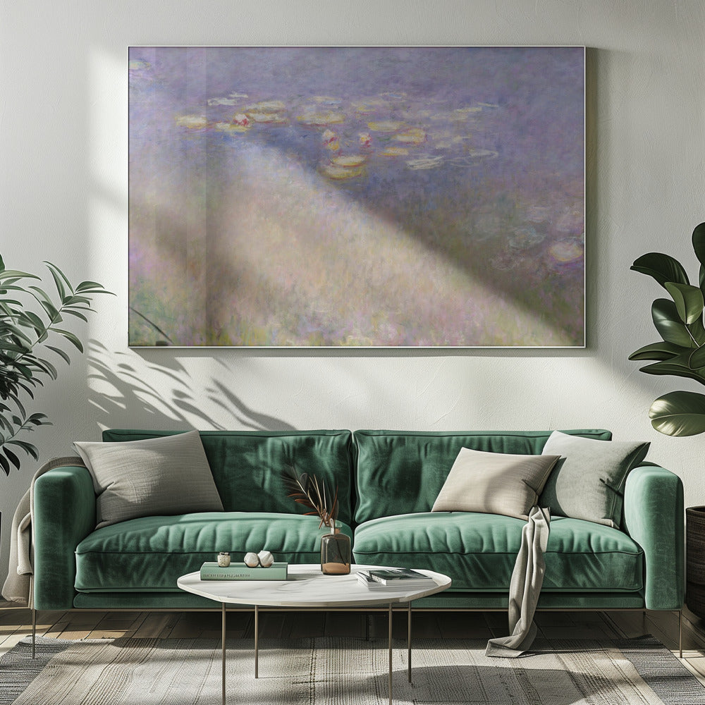An impressionist painting by Claude Monet depicting water lilies floating on a pond, rendered in soft, blended strokes of purple, blue, green, and yellow. The artwork is displayed in a simple, silver-colored frame. Artwork