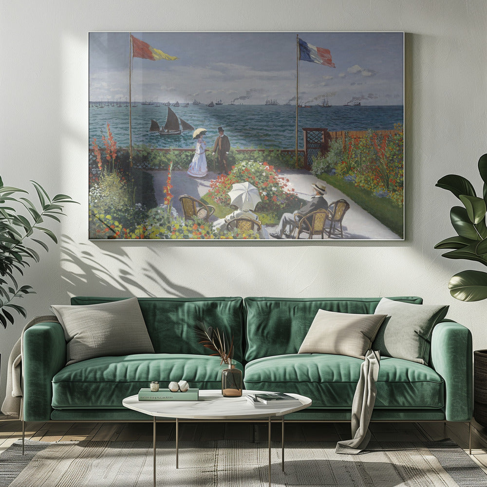 Claude Monet's impressionist painting, 'Garden at Sainte-Adresse', depicting a vibrant flower garden on a terrace overlooking a blue sea filled with sailboats and steamships. Four figures are in the garden, with two flags, including the French flag, flying on tall poles under a partly cloudy sky. Artwork
