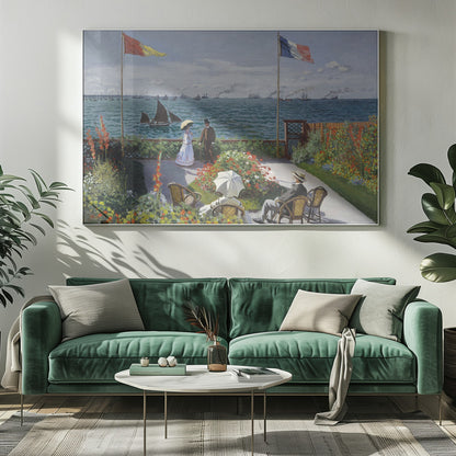 Claude Monet's impressionist painting, 'Garden at Sainte-Adresse', depicting a vibrant flower garden on a terrace overlooking a blue sea filled with sailboats and steamships. Four figures are in the garden, with two flags, including the French flag, flying on tall poles under a partly cloudy sky. Artwork