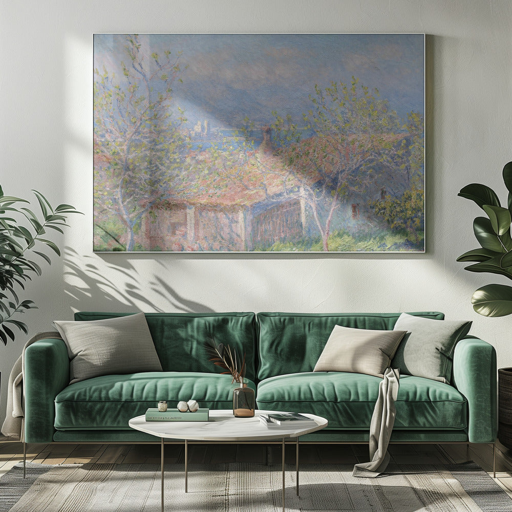 An impressionist painting of a coastal landscape, with leafy spring trees in the foreground framing the view over a terracotta-roofed house to the blue sea and distant mountains. Decor