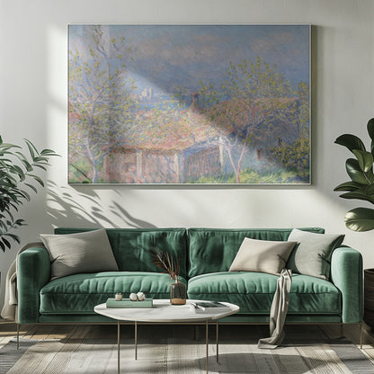 An impressionist painting of a coastal landscape, with leafy spring trees in the foreground framing the view over a terracotta-roofed house to the blue sea and distant mountains. Decor