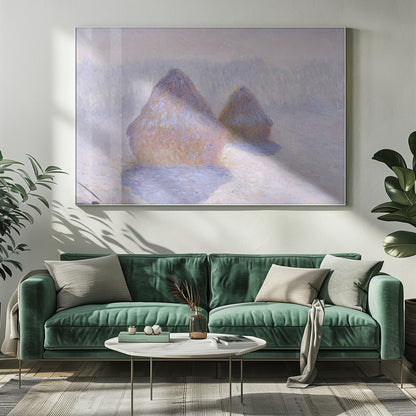 An impressionist painting by Claude Monet titled 'Haystacks,' showing two large, conical haystacks in a snowy field. The scene is bathed in a soft, hazy light, with pinks and oranges on the sunlit side of the haystacks and long, purple shadows cast across the lavender and white snow. The artwork is presented in a simple silver frame. Wall Art