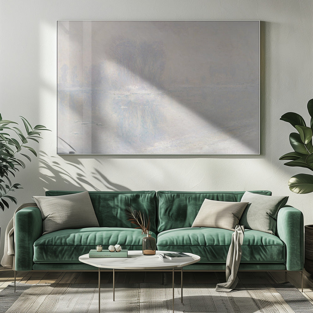 A framed impressionist painting of a hazy, winter landscape. The scene features a body of water with ice floes, and faint, blurred trees in the background, all rendered in soft, muted tones of pale blue, lavender, and grey. Decor