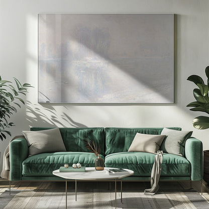 A framed impressionist painting of a hazy, winter landscape. The scene features a body of water with ice floes, and faint, blurred trees in the background, all rendered in soft, muted tones of pale blue, lavender, and grey. Decor