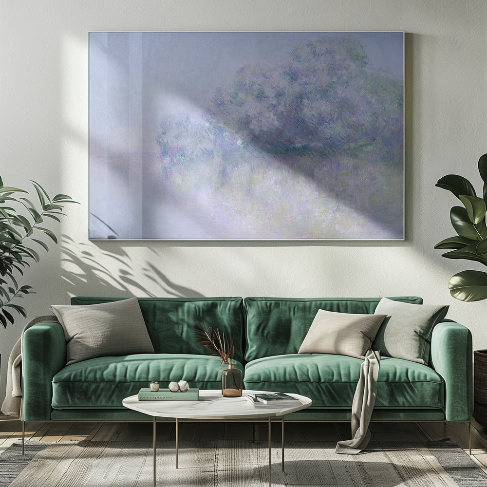 An impressionist painting in a silver frame, depicting a hazy, atmospheric landscape. A grove of trees, painted in soft strokes of purple, lavender, and blue, is reflected in the calm water below. The overall mood is serene and dreamlike due to the soft focus and blended pastel colors. Decor