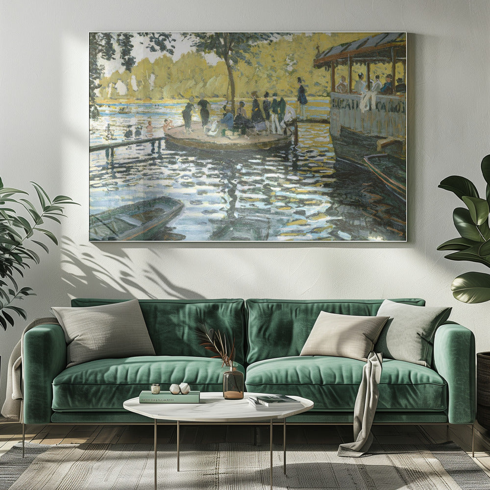 A framed reproduction of Claude Monet's impressionist painting, 'Bain à la Grenouillère'. The scene captures a riverside leisure spot with people on a small island and on a floating restaurant, with the water rendered in shimmering strokes of blue, green, and yellow. Poster