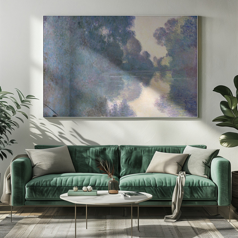 An Impressionist painting in a silver frame depicting a hazy river scene. Lush trees in shades of blue and purple line the banks, their forms and a patch of pale yellow sky softly reflected in the calm water. Artwork