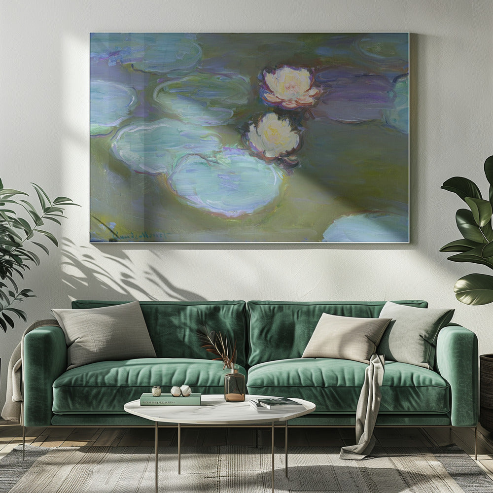 An Impressionist painting by Claude Monet of two white water lilies floating on a pond among large, blue-green lily pads, captured with thick, visible brushstrokes and framed in a silver frame. Print