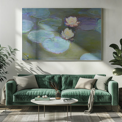 An Impressionist painting by Claude Monet of two white water lilies floating on a pond among large, blue-green lily pads, captured with thick, visible brushstrokes and framed in a silver frame. Print