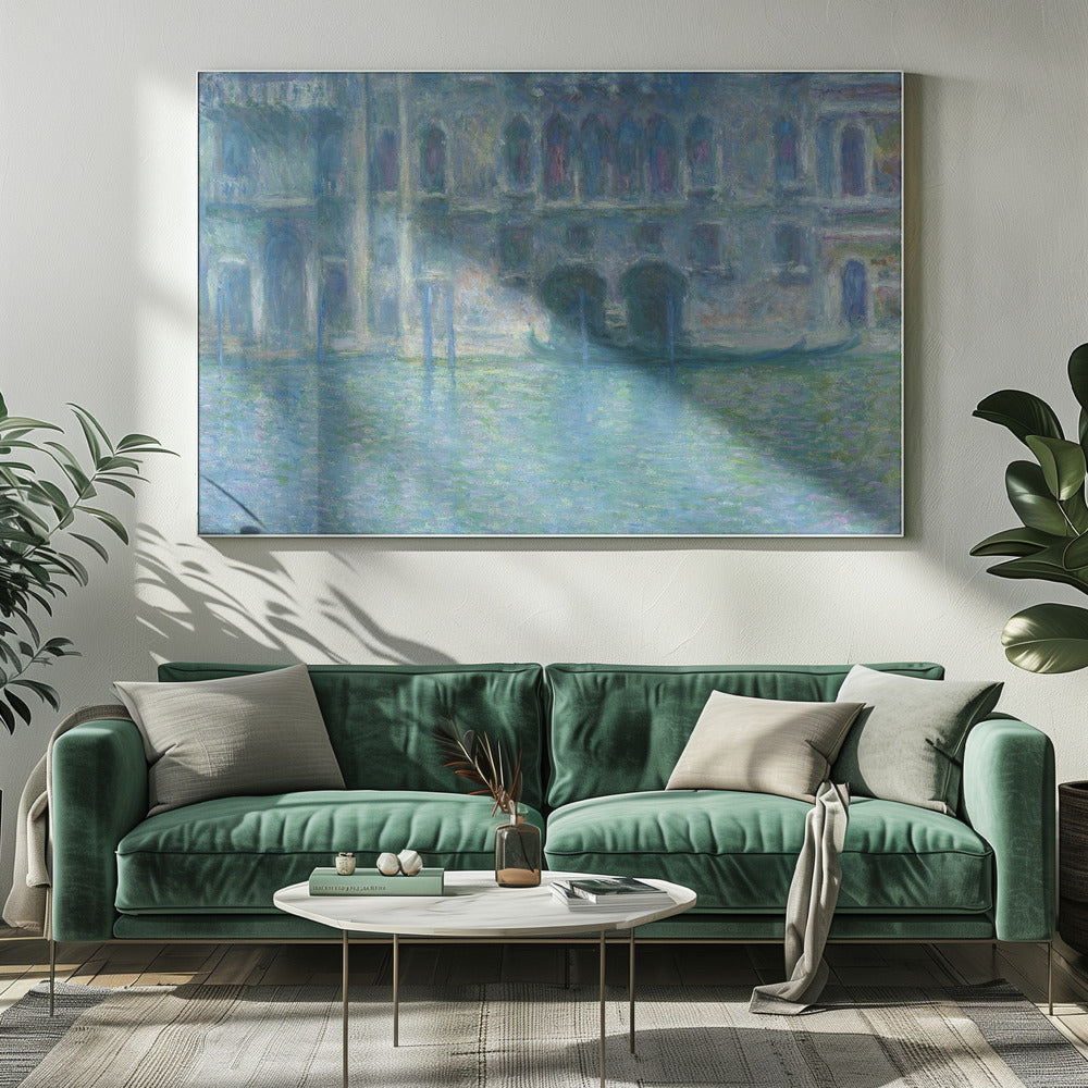 An Impressionist painting by Claude Monet titled 'The Palazzo Contarini,' depicting a grand Venetian building from across a canal. The artwork is characterized by hazy, blended brushstrokes in a cool palette of blues, greens, and purples, creating a misty and atmospheric effect on the water and architecture. A single gondola is moored near the building's entrance. The painting is displayed within a silver frame. Decor