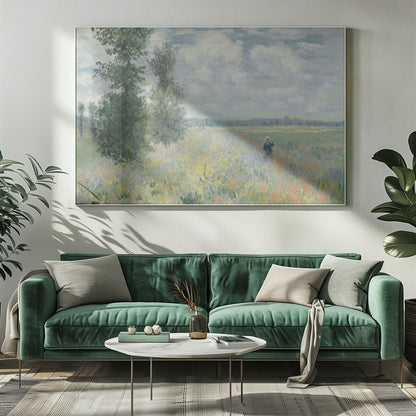 An impressionist painting by Claude Monet titled 'Poppy Field near Vétheuil', depicting a vast field of green grass dotted with red, yellow, and purple wildflowers. A figure in a white bonnet stands in the field to the right. Tall green trees are on the left, under a blue sky with fluffy white clouds. The entire scene is presented within a modern silver frame. Wall Art