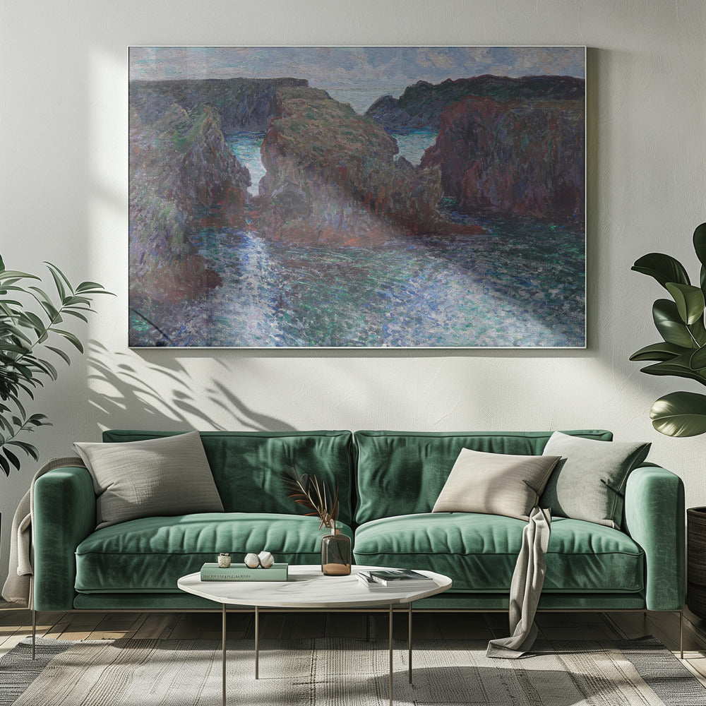 An impressionist painting of a rocky sea coast, featuring dark, craggy cliffs surrounding a turbulent channel of blue and green water under a pale, cloudy sky. The artwork is presented in a modern silver frame. Print