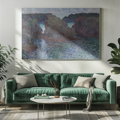 An impressionist painting of a rocky sea coast, featuring dark, craggy cliffs surrounding a turbulent channel of blue and green water under a pale, cloudy sky. The artwork is presented in a modern silver frame. Print
