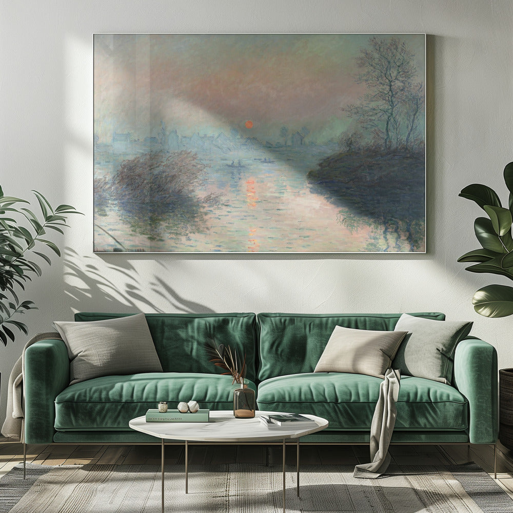 A framed Impressionist painting of a sunrise over a hazy harbor. The orange sun is reflected in the blue-gray water, where small boats float. In the background, the faint outlines of a city are visible through the mist. Poster