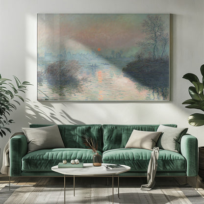 A framed Impressionist painting of a sunrise over a hazy harbor. The orange sun is reflected in the blue-gray water, where small boats float. In the background, the faint outlines of a city are visible through the mist. Poster