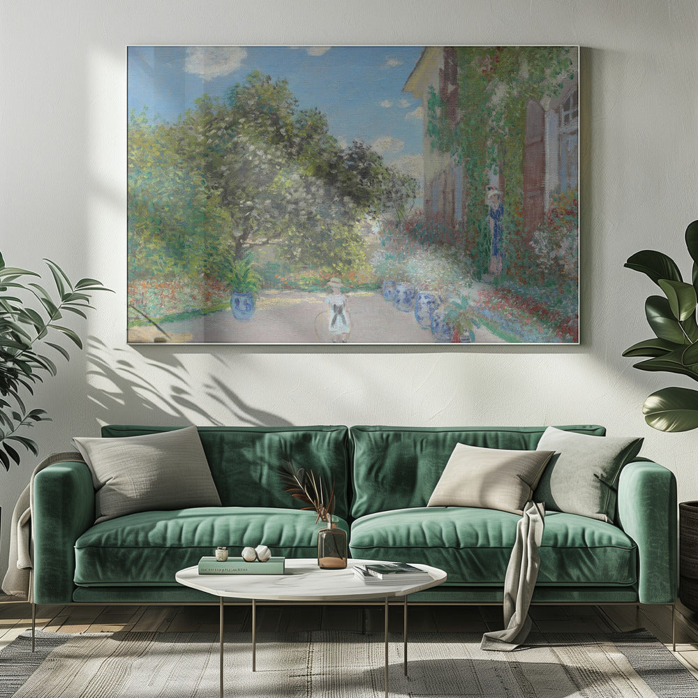 An Impressionist painting of a lush garden on a sunny day. A young girl with a hoop stands on a path lined with blue pots, leading to a vine-covered house where a woman stands in a doorway. Lush green trees and vibrant flowers fill the scene under a blue sky. Decor