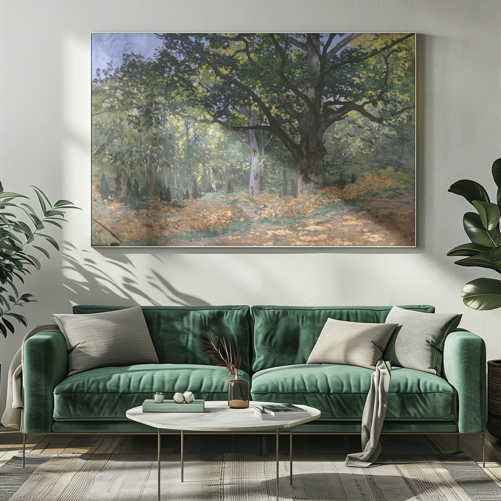 An impressionist painting by Claude Monet titled 'The Bodmer Oak, Fontainebleau Forest'. The artwork depicts a massive, ancient oak tree dominating a sun-dappled forest scene. The ground is covered in golden-brown ferns, and sunlight filters through the lush green canopy, creating a play of light and shadow. Decor