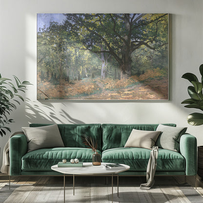 An impressionist painting by Claude Monet titled 'The Bodmer Oak, Fontainebleau Forest'. The artwork depicts a massive, ancient oak tree dominating a sun-dappled forest scene. The ground is covered in golden-brown ferns, and sunlight filters through the lush green canopy, creating a play of light and shadow. Decor