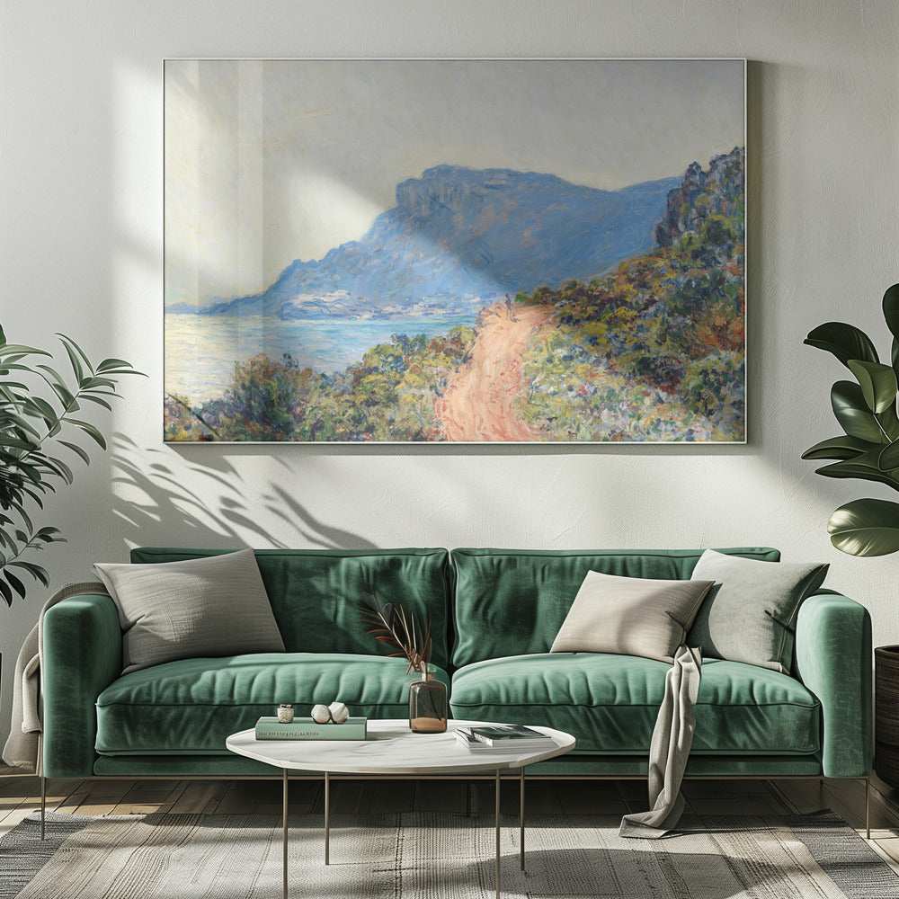 An impressionist painting of a winding terracotta path along a vibrant, green and yellow cliffside, overlooking a calm blue sea. In the background, a large, hazy blue mountain looms over a coastal town under a pale sky. Decor