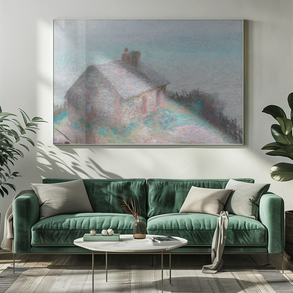 An impressionist painting of a stone cottage on a grassy hill against a pale, hazy sky. The artwork is characterized by its textured, pointillist brushwork and a soft, muted color palette of greys, pale blues, pinks, and greens, creating a serene and atmospheric scene. The painting is displayed in a modern silver frame. Decor