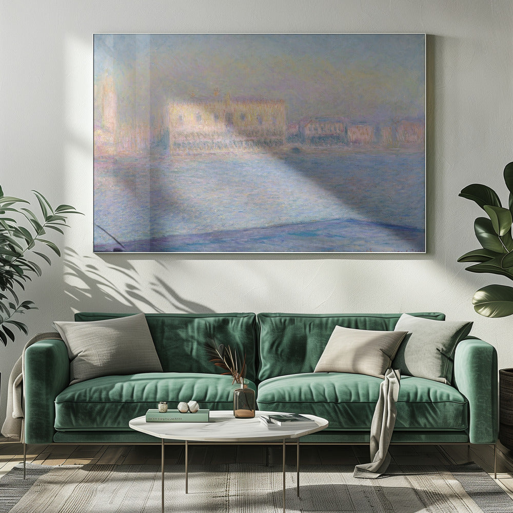 An impressionist painting by Claude Monet of the Doge's Palace in Venice, viewed across the water. The scene is depicted in a hazy, dreamlike atmosphere with a pastel color palette of blues, yellows, and purples, framed in a simple silver frame. Print