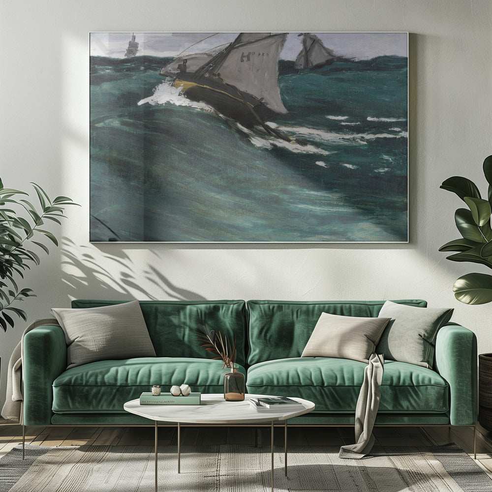 An impressionist painting depicting sailboats navigating a rough, dark green sea under a cloudy sky. The central boat is shown cutting through a large wave, creating white spray, giving the scene a dynamic and dramatic feel. The artwork is housed in a silver frame. Poster