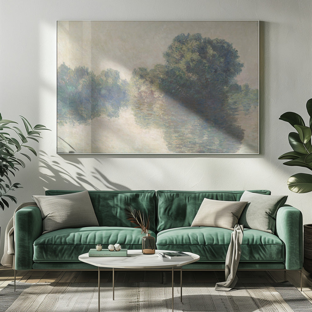 An Impressionist landscape painting of lush green trees reflecting on the calm, hazy water of a river. The soft, muted colors and gentle brushstrokes create a serene and peaceful scene, framed in silver. Artwork