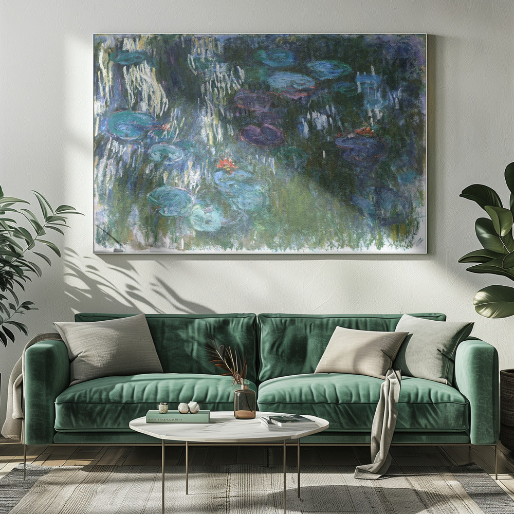 An impressionist painting by Claude Monet of his water lily pond. The canvas is filled with cool tones of green, blue, and purple depicting the water and lily pads. Short, vertical brushstrokes of white and yellow suggest the reflection of light on the water's surface, while small dabs of orange indicate blooming flowers. The entire painting is enclosed in a modern silver frame. Artwork
