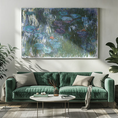 An impressionist painting by Claude Monet of his water lily pond. The canvas is filled with cool tones of green, blue, and purple depicting the water and lily pads. Short, vertical brushstrokes of white and yellow suggest the reflection of light on the water's surface, while small dabs of orange indicate blooming flowers. The entire painting is enclosed in a modern silver frame. Artwork