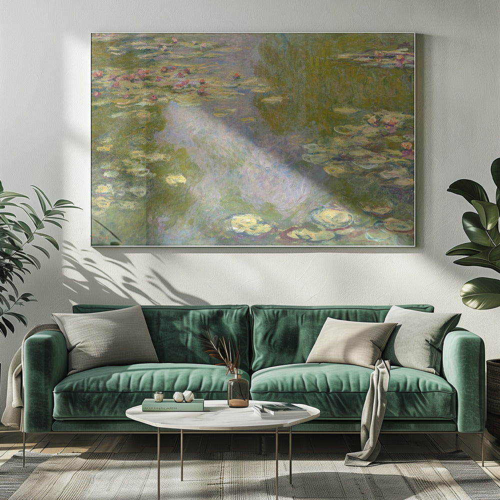 An impressionist painting of a water lily pond by Monet, featuring pink and red water lilies floating amongst green pads on the water's surface, which reflects the surrounding greenery and sky in shades of green, blue, and violet. The painting is displayed in a modern silver frame. Wall Art