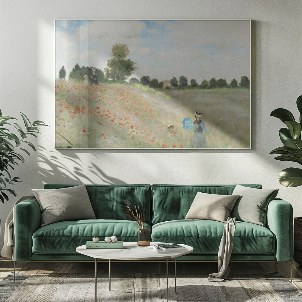 A framed Impressionist painting by Claude Monet titled 'Poppy Field,' depicting women and children strolling through a vibrant field of red poppies under a partly cloudy sky, with trees and a house in the distance. Print