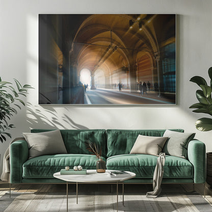 A long exposure photograph of a grand, vaulted hallway with brick arches. Dramatic beams of golden light cut through the space, creating horizontal streaks and a motion blur effect. Silhouettes of people walk through the atmospheric light and shadow. Wall Art