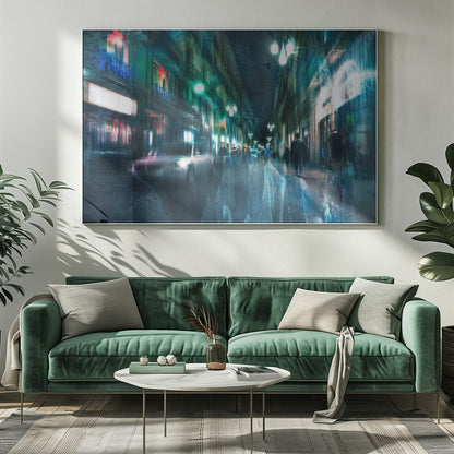 An abstract, moody artwork of a busy city street at night, viewed as if through a rainy window or with motion blur. The scene is dominated by shades of deep blue and vibrant green, with glowing streetlights and neon signs casting reflections on the wet pavement. Silhouettes of people walk down the street, and a car is partially visible on the left. The entire composition has a dynamic, dreamlike quality and is presented in a silver frame. Poster