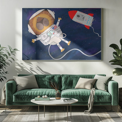 A whimsical cartoon illustration of a lion astronaut floating in deep space. The lion, wearing a white spacesuit and helmet, has a wide-eyed expression. A red and white toy rocket labeled 'Space Shuttle Explorer' flies nearby against a dark blue, star-filled background. Poster