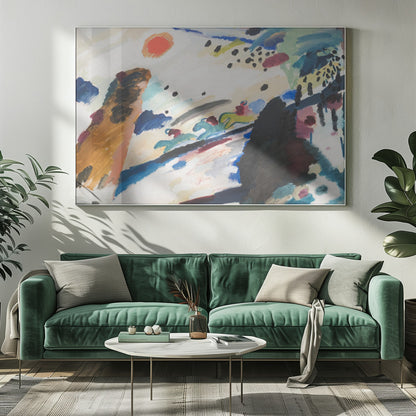 Abstract painting by Wassily Kandinsky in a silver frame. The dynamic composition features a red-orange sun, stylized figures of jockeys on racing horses, and energetic brushstrokes of blue, black, brown, and green on a white canvas. Artwork