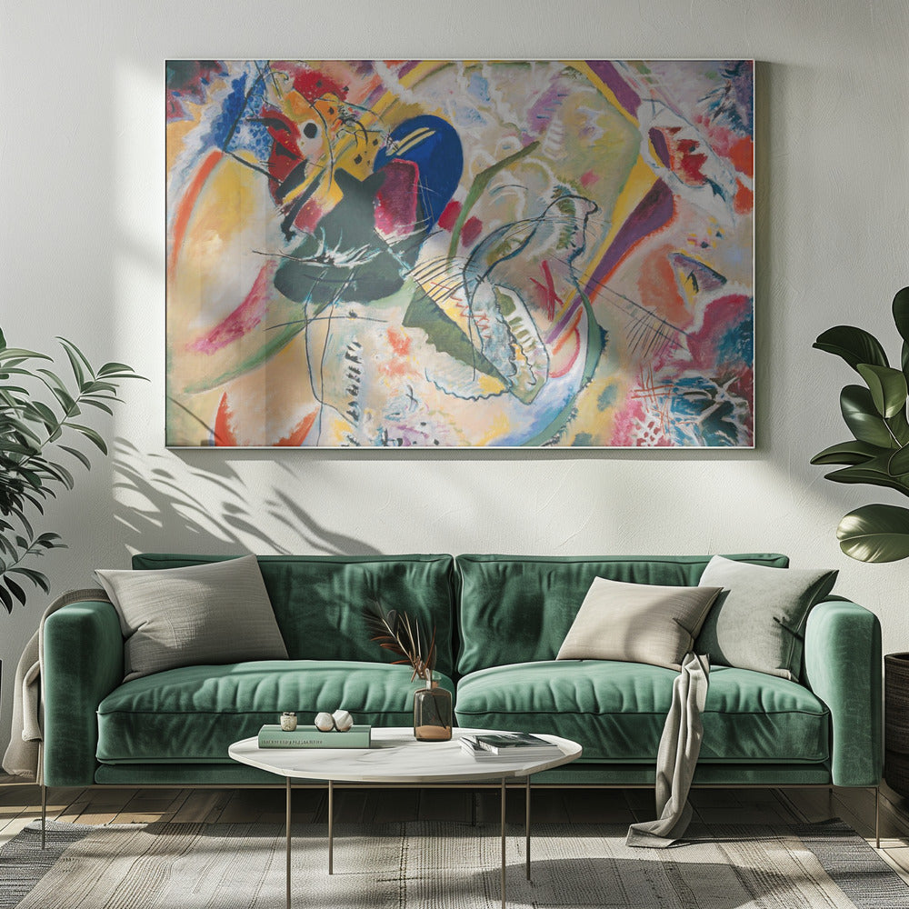 A vibrant and chaotic abstract painting by Wassily Kandinsky, presented in a silver frame. The artwork is a whirlwind of bold colors like yellow, blue, red, and green, with dynamic, intersecting black lines and a variety of shapes creating a sense of energetic movement. Print