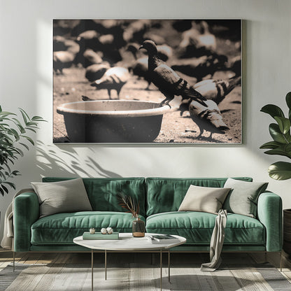 A sepia-toned, high-contrast photograph of a pigeon perched on the edge of a large, weathered bowl. In the soft-focus background, a large flock of other pigeons mills around on the ground. The image has a silver-colored frame. Artwork