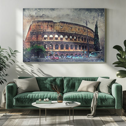 A watercolor-style digital painting of the Roman Colosseum under a cloudy, textured sky. The ancient amphitheater's arched structure dominates the scene, with a busy street, cars, and trees in the foreground. The artwork is enclosed in a silver, weathered frame. Decor
