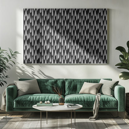 A framed abstract artwork featuring a repeating pattern of textured white vertical brushstrokes on a solid black background, encased in a simple silver frame. Print