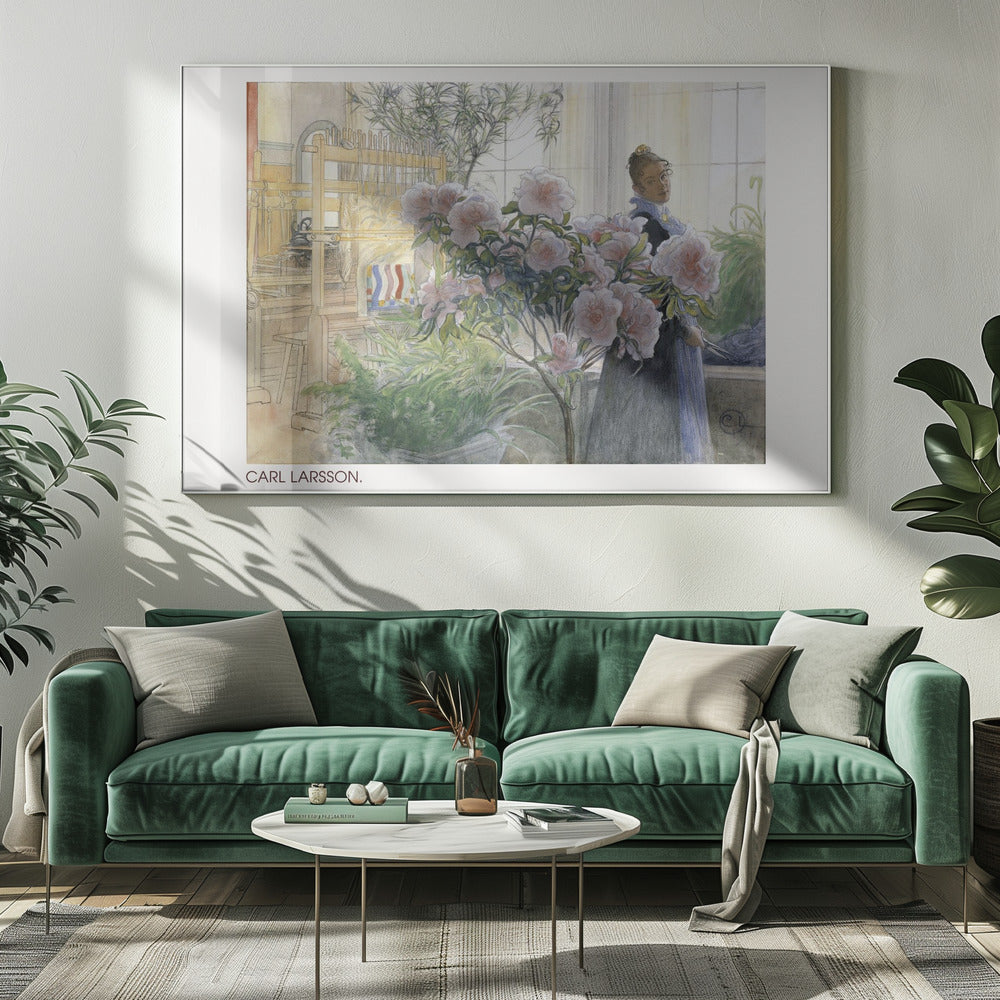 A vintage watercolor painting by Carl Larsson depicting a woman standing indoors beside a large flowering pink azalea bush. In the background, a sunlit room contains a wooden weaving loom and other potted plants. Decor