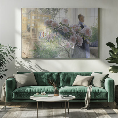 A vintage illustration by Carl Larsson titled 'Azalea', depicting a woman in a dark dress standing in a sunlit room with a large wooden weaving loom. She is partially obscured by a large, blooming pink azalea bush in the foreground. Poster