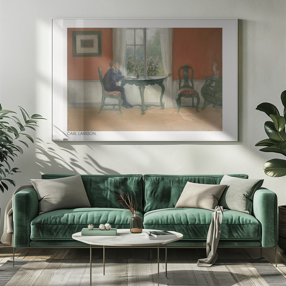 A vintage painting by Carl Larsson depicting a young boy in a dark blue shirt sitting at a green desk, looking out a sunlit window. The room has warm orange-red walls, antique green furniture, and white curtains. Artwork