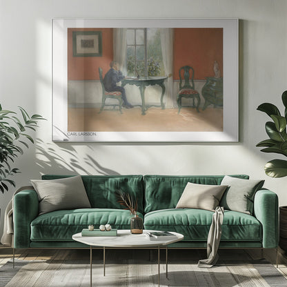 A vintage painting by Carl Larsson depicting a young boy in a dark blue shirt sitting at a green desk, looking out a sunlit window. The room has warm orange-red walls, antique green furniture, and white curtains. Artwork