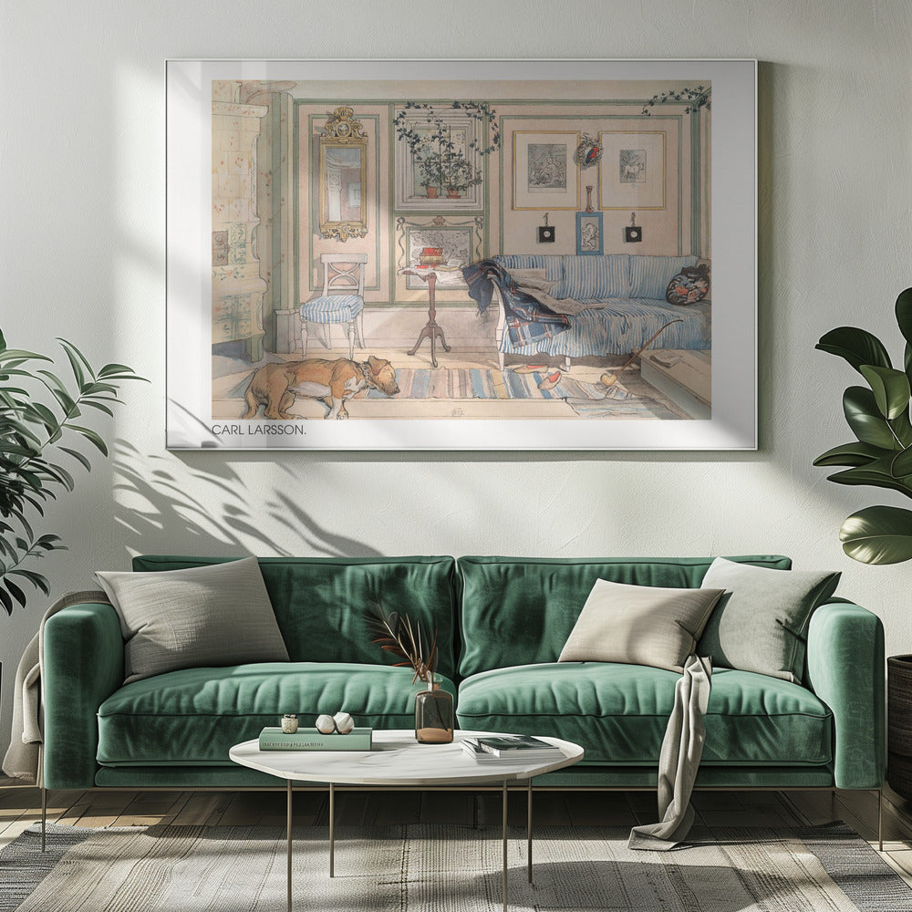 A watercolor painting by Carl Larsson of a cozy, lived-in room. A brown dog sleeps on a striped rug in the foreground, while a blue and white striped sofa sits against a pale pink wall adorned with pictures and a mirror. A traditional tiled stove stands to the left. Print