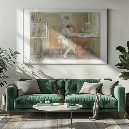 A vintage painting by Carl Larsson depicting a nude woman sitting in profile at a wooden desk, engrossed in writing. The room is a cozy artist's studio with other paintings visible, a vase of flowers on the desk, and a patterned rug on the floor. Artwork