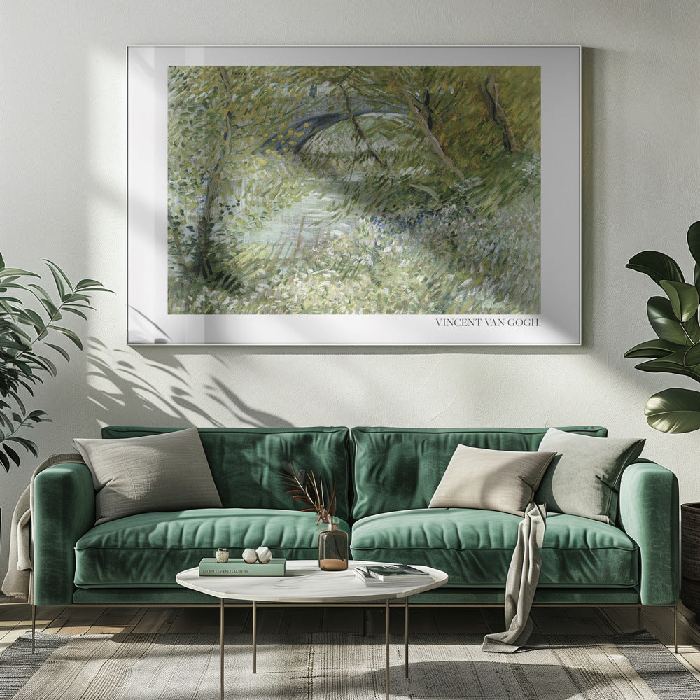 A framed impressionist painting by Vincent van Gogh of a lush green landscape. A river runs through the center, with a dark arched bridge visible in the background through the trees. The foreground is filled with green foliage and white and blue wildflowers, all rendered in thick, expressive brushstrokes. Decor